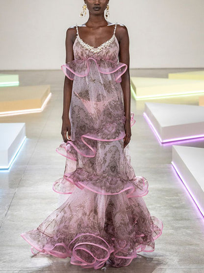 Pink Suspender Mesh Print Maxi Dress