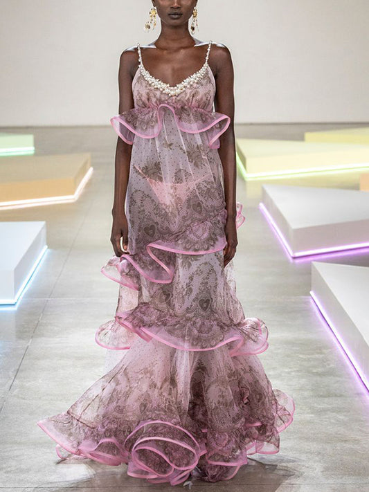 Pink Suspender Mesh Print Maxi Dress