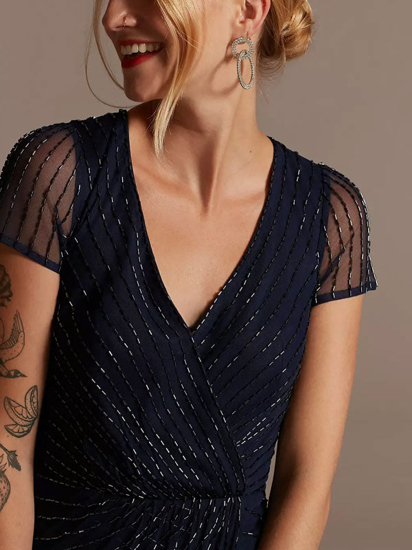 Beaded Short Sleeve V-Neck Dress with Pleats