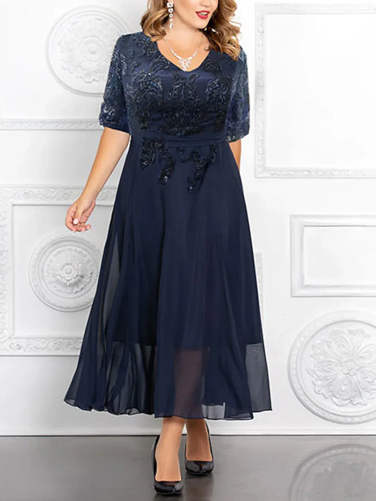 V-neck Lace Solid Color Midi Dress