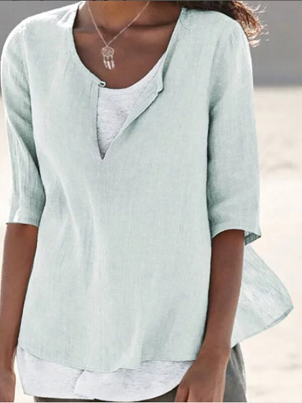 Solid Color Cotton And Linen Women's Shirt
