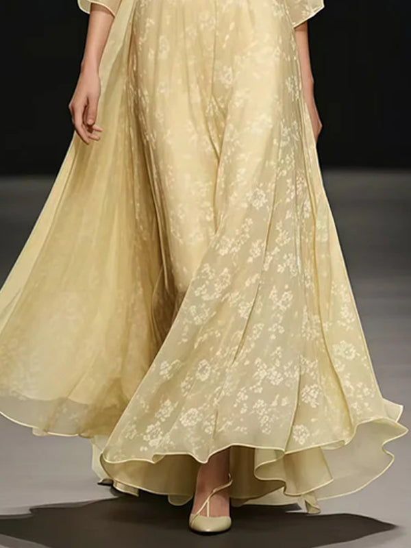 Fashionable Light Yellow Waisted Chiffon Maxi Skirt With Oversized Hem