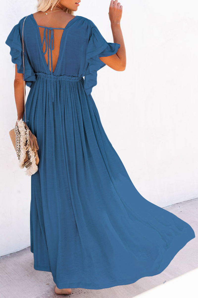 loveedsTM-Elegant Solid Frenulum Buckle V Neck A Line Dresses
