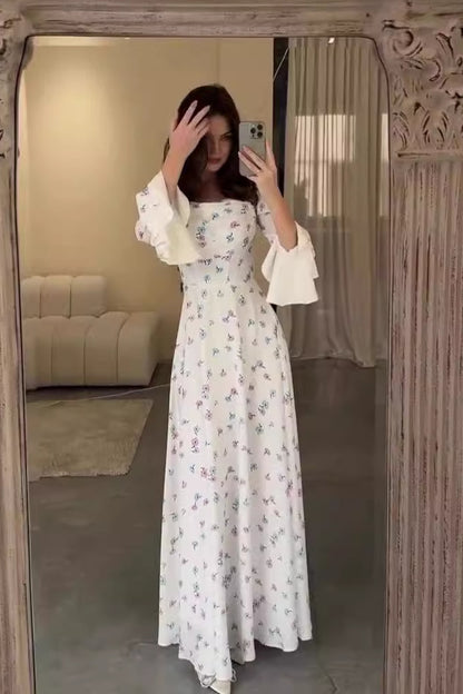 loveedsTM-U-neck printed long-sleeved trumpet sleeves fashionable slim fit women's dress