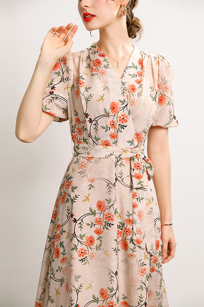 loveedsTM-French v-neck lace-up waist-cinching fairy print A-line dress