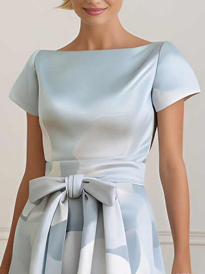 Round Neck Bow Satin Print Dress