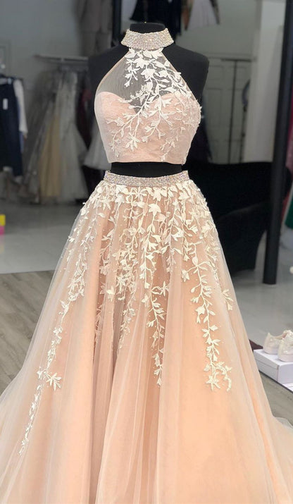 PM018,Halter two pieces applique beaded long prom evening dresses