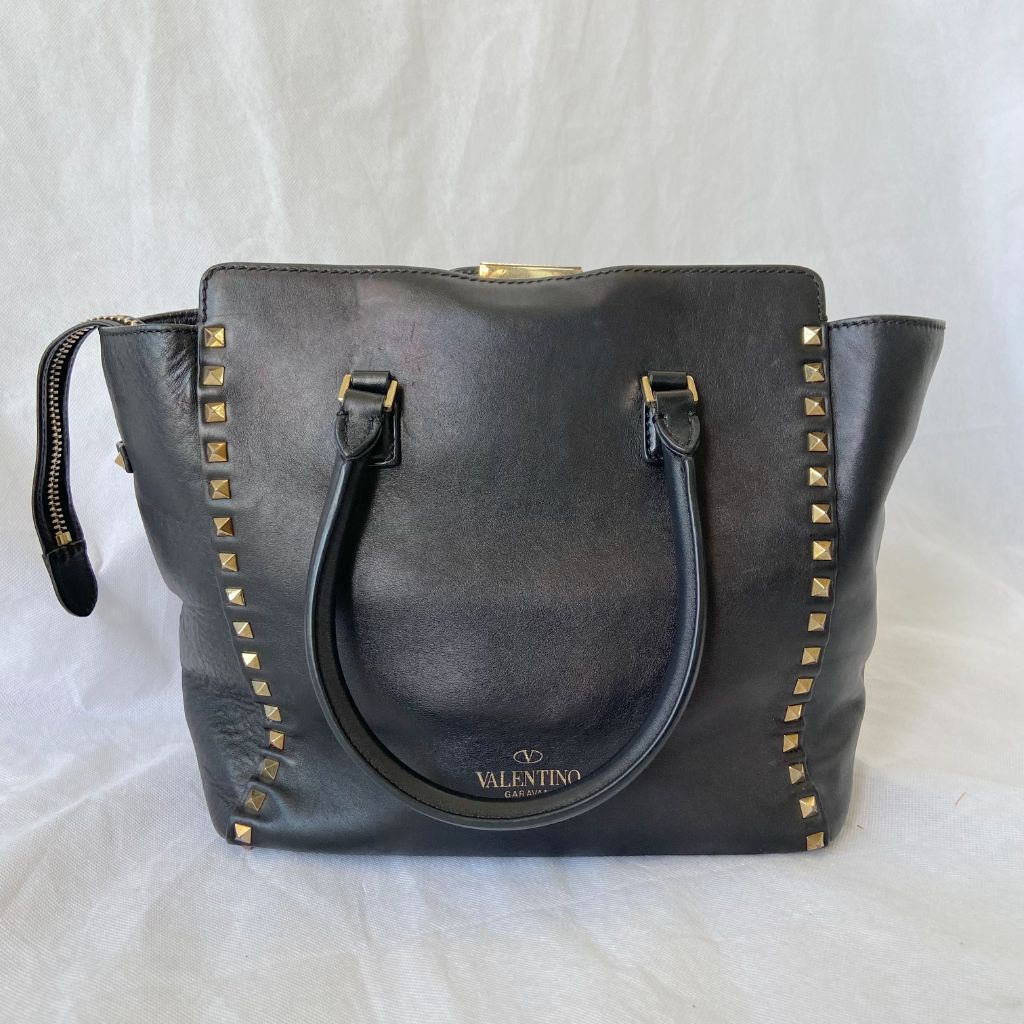 Valentino Black Leather Rockstud Trapeze Tote