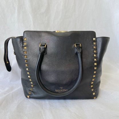 Valentino Black Leather Rockstud Trapeze Tote