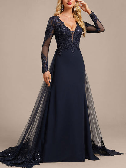 Detachable Lace Tulle Train Evening Dress
