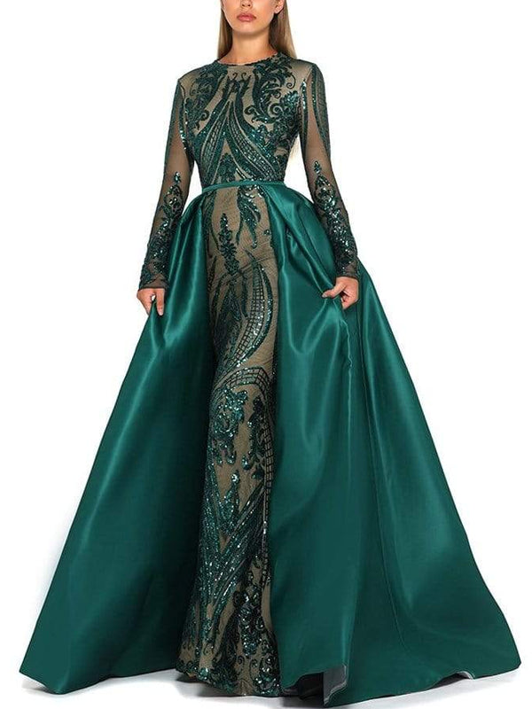 Long Sleeve Sequin Pattern Gown with Overskirt