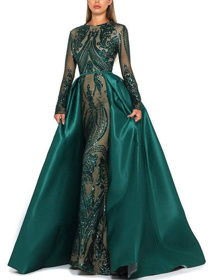 Long Sleeve Sequin Pattern Gown with Overskirt