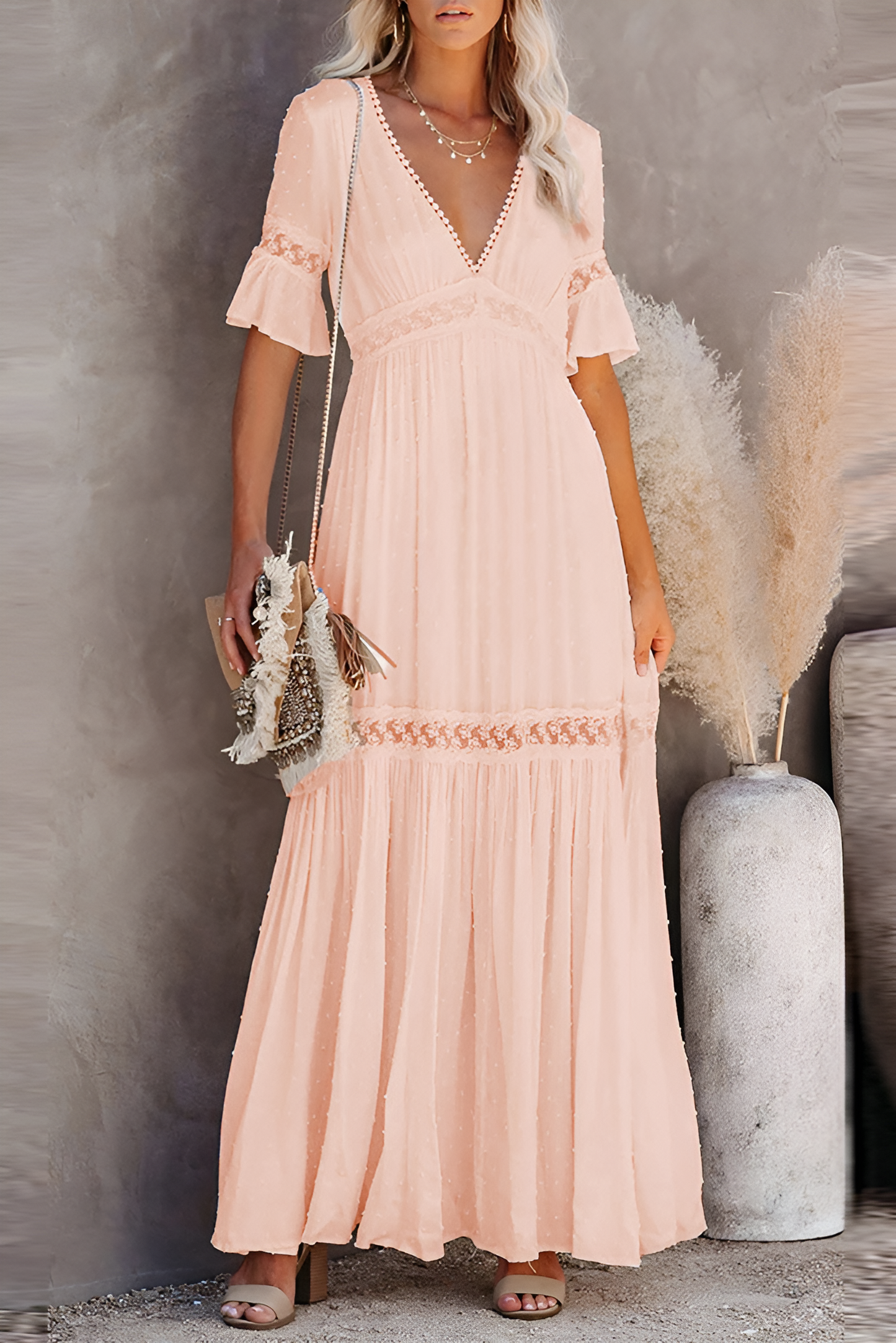 loveedsTM-Solid color lace pullover V-neck dress