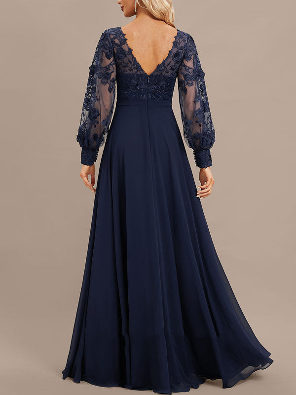 A-line Scoop Illusion Floor-Length Lace Chiffon Evening Dress