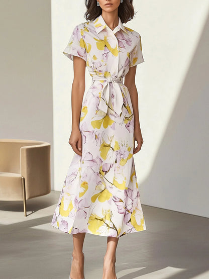 Shirt Collar Temperament Chiffon Floral Ladies Dress