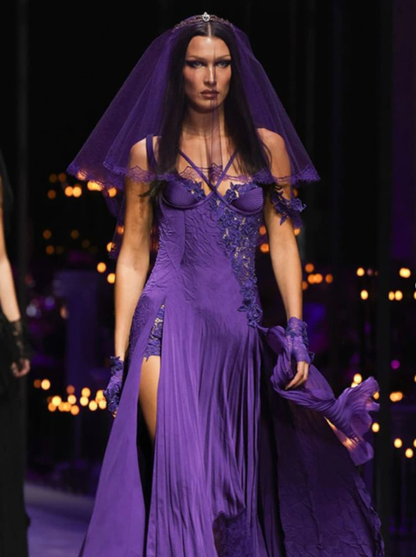 Unique A Line Spaghetti Strap Purple Lace Satin Prom Dress Evening Dress with Slit SH2263