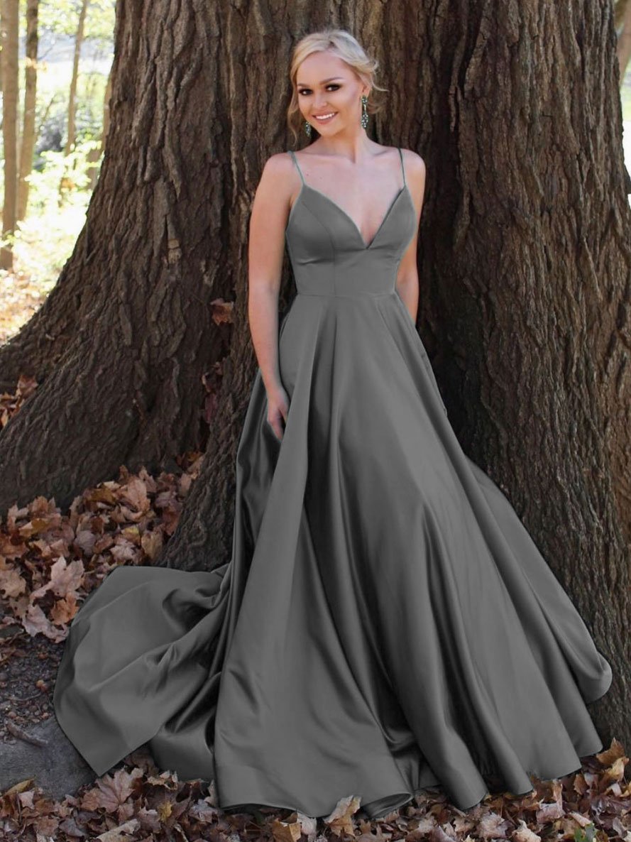 Simple v neck satin long prom dress green v neck gold formal dresses,Dance Dress
