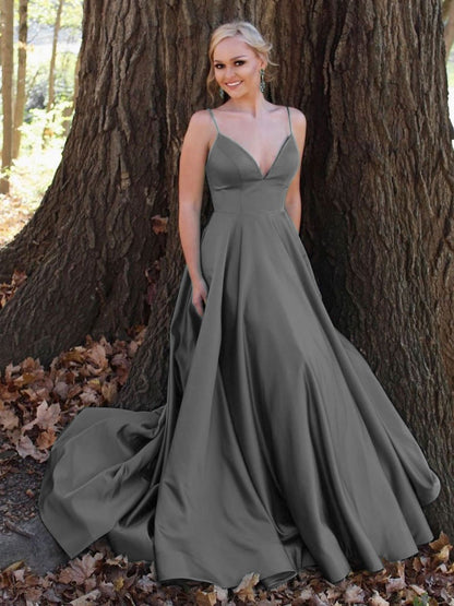 Simple v neck satin long prom dress green v neck gold formal dresses,Dance Dress