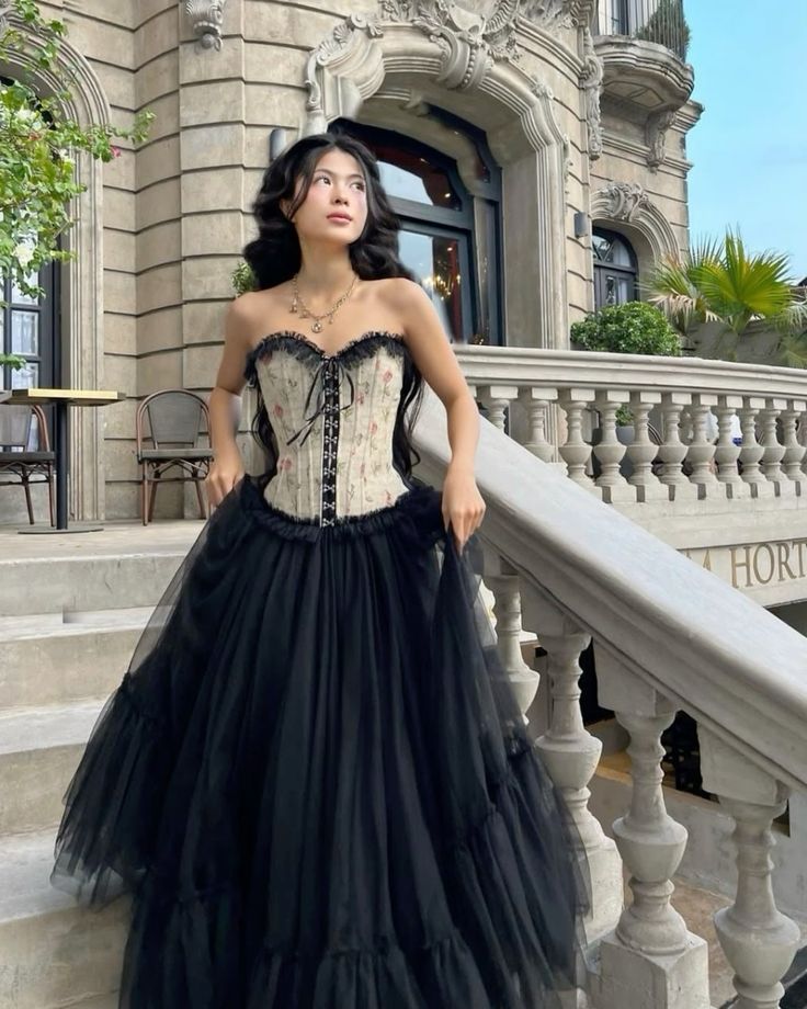 Black Floral Corset Stylish Elegant Long Tulle Ball Gown Evening Gown Garden Party Gown Graduation Gown Prom Gown Wedding Guest Party Dress gh3984
