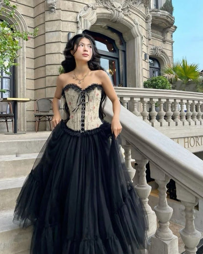 Black Floral Corset Stylish Elegant Long Tulle Ball Gown Evening Gown Garden Party Gown Graduation Gown Prom Gown Wedding Guest Party Dress gh3984