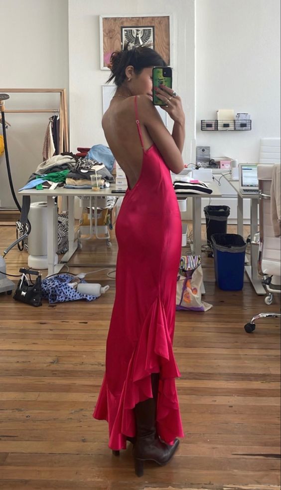 PM553,Hot Pink Backless Ruffles Long Prom Dresses, Silk Satin Evening Gown