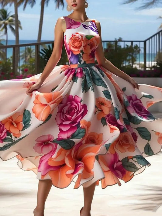 Elegant Floral Printing Crew Neck Midi Dress