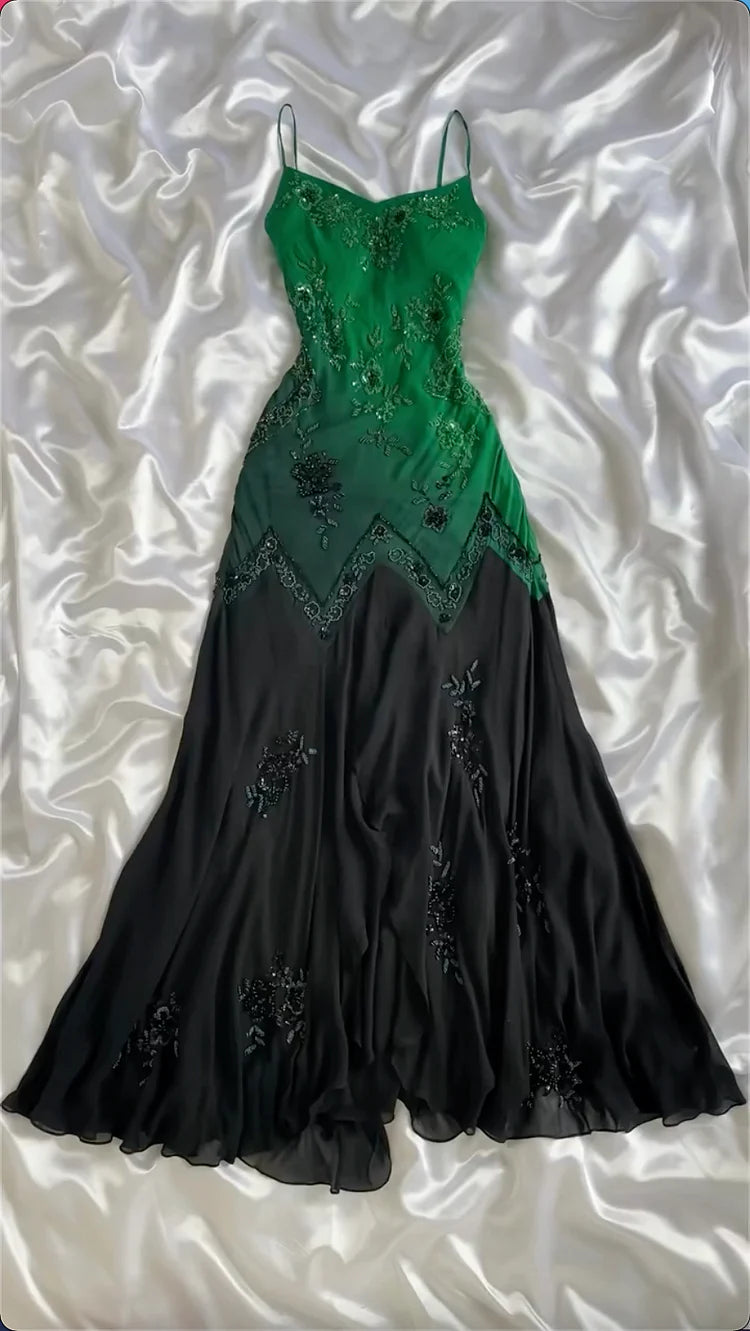 Green Black A Line Spaghetti Strap Beaded Chiffon Prom Dress Evening Dress SH2248