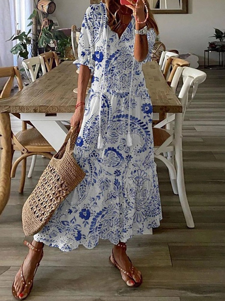 loveedsTM-Summer Fashion Floral Print Holiday Long Dress Casual Loose Drawstring Half Sleeve Dress Women V Neck Chic Ruffled Boho Dresses