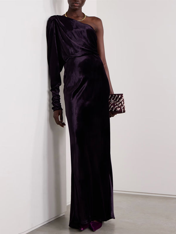 Off-shoulder Velvet Solid Color Maxi Dress