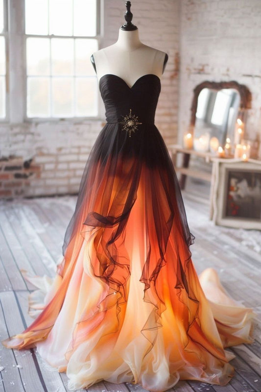 Gorgeous A Line Sweetheart Neck Black Orange Ombre Chiffon Prom Dress Evening Dress SH2362