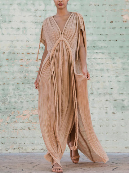 V-neck solid linen maxi dress