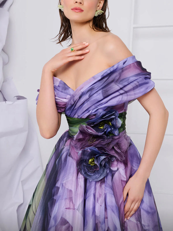 A-line Pleated Long formal Printed Evening Gown