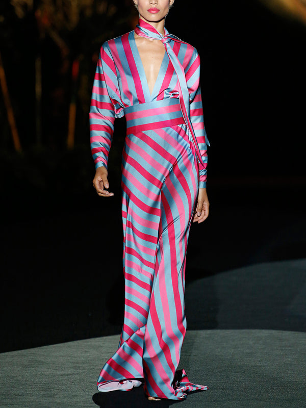 V-neck Stripes Temperament Show Women's Dress