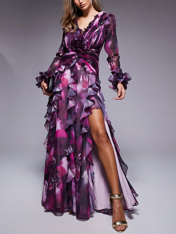 Organza Long-sleeved With Dark Floral Print Women's Dress