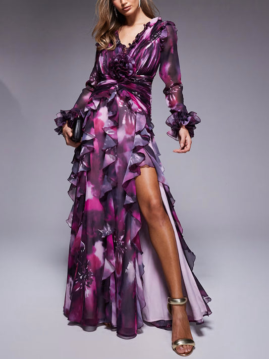 Organza Long-sleeved With Dark Floral Print Women's Dress