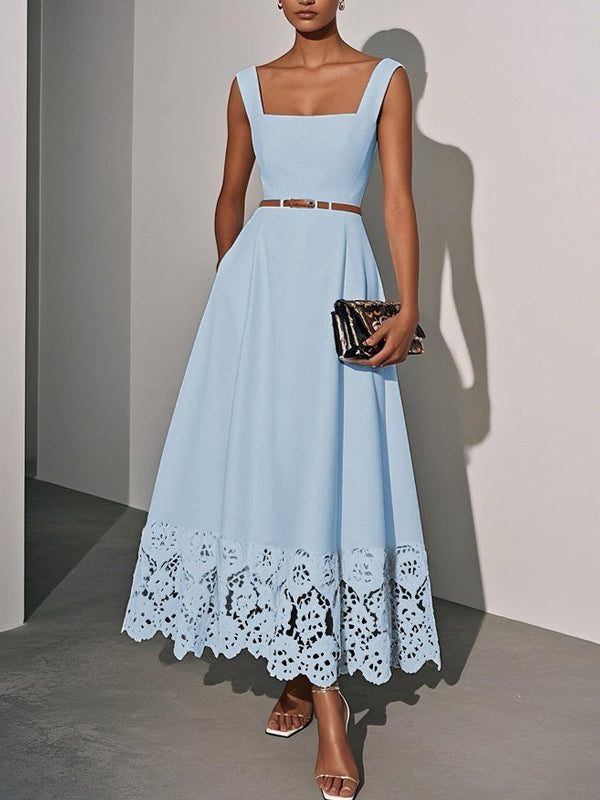 White Lace Classic Square Neck Sleeveless A-Line Maxi Dress