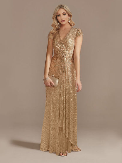 loveedsTM- New Luxury Champagne V-Neck Sequin Evening Dress Women Party Maxi Dress Beading Gowns Long Prom Cocktail Dresses