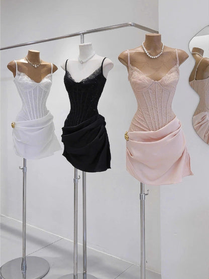 Modest Sheath Spaghetti Straps Little Black Dress Party Dresses Short Formal Homecoming Dresses Night Chic Elegant Cocktail Dresses 16th Birthday Outfits Lace Hoco Dress DH2767