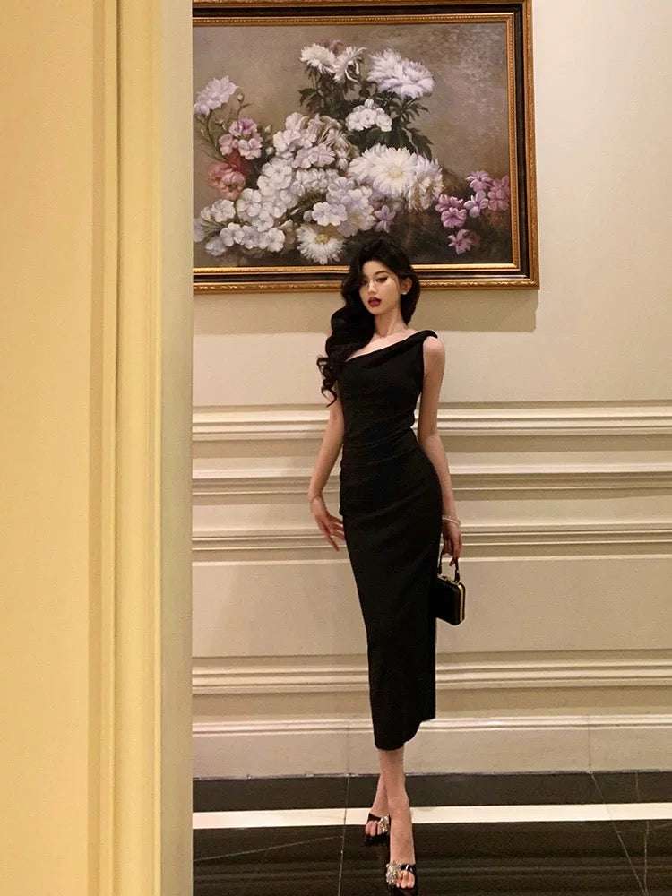 Sexy Sheath One Shoulder Black Sleeveless Prom Dresses Party Dress Summer Birthday Outfits 18th Birthday Dresses W820