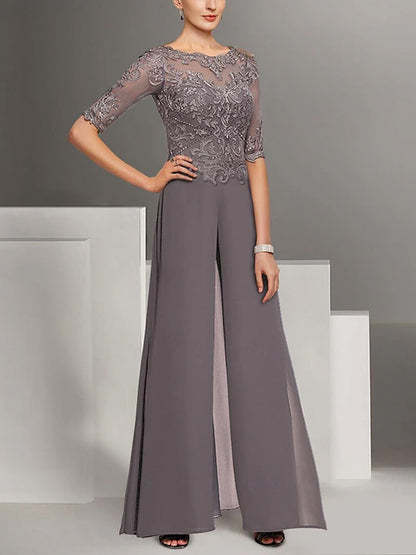 Round Neck Lace Solid Color Jumpsuit