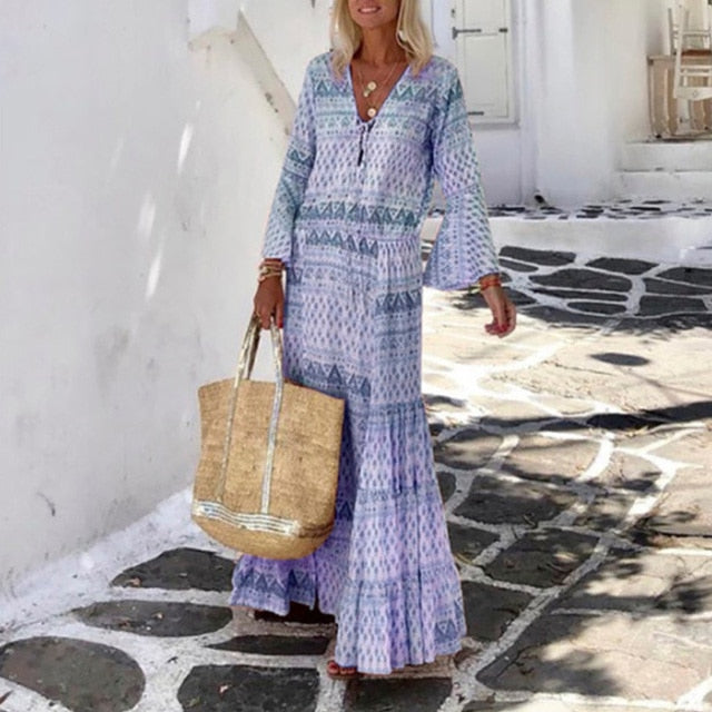 loveedsTM-Women Vintage Geometric Print Long Party Dress Elegant Flare Sleeve Long Beach Dress  Sexy Spring Summer V Neck Maxi Dresses