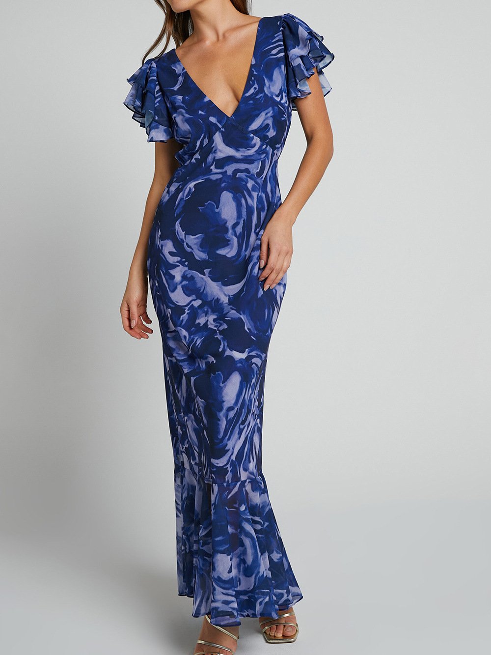 loveedsTM-Navy Swirl V-Neck Flutter Sleeve Maxi Dress