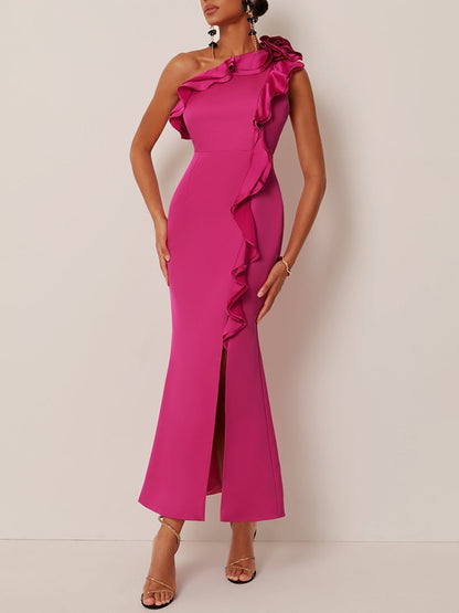 Ruffled One-Shoulder Slit A-Line Maxi Dress
