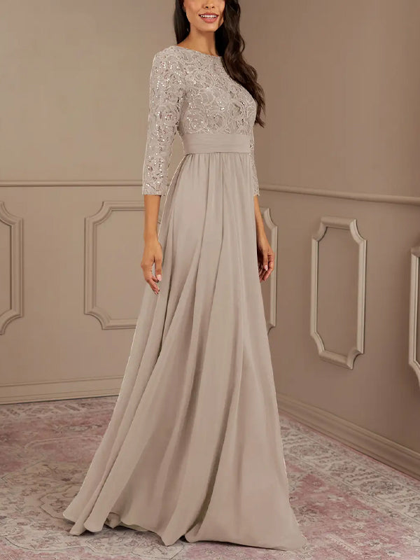 Round Neck Sequined Solid Lace Maxi Dress