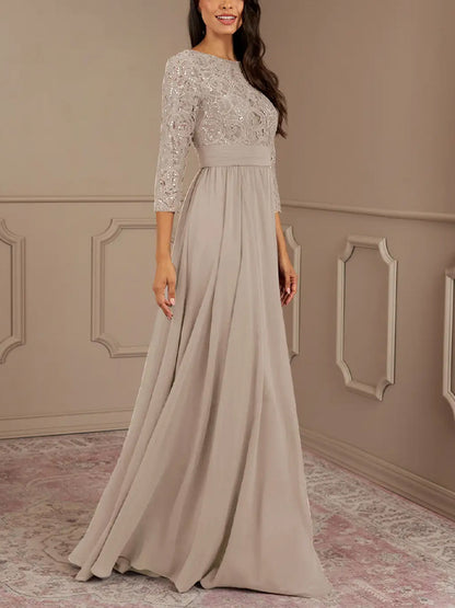 Round Neck Sequined Solid Lace Maxi Dress