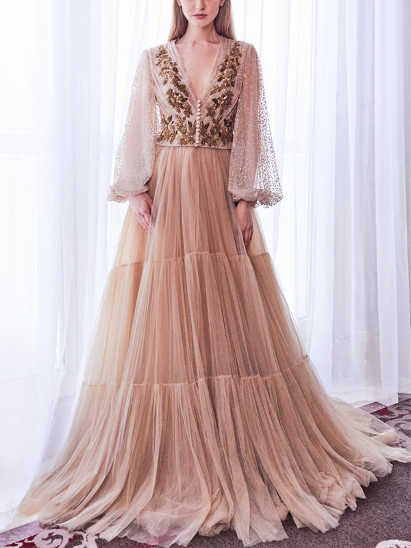 V-neck Long Sleeve Mesh Maxi Dress