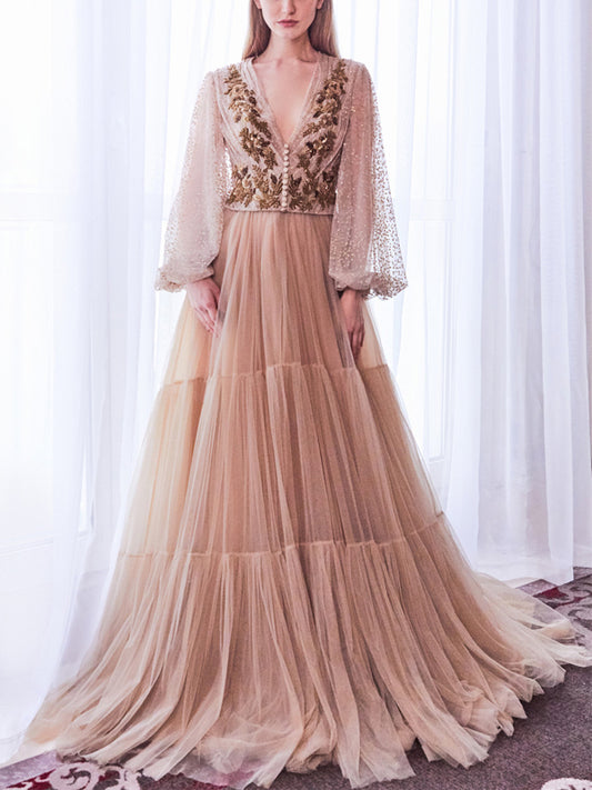 V-neck Long Sleeve Mesh Maxi Dress