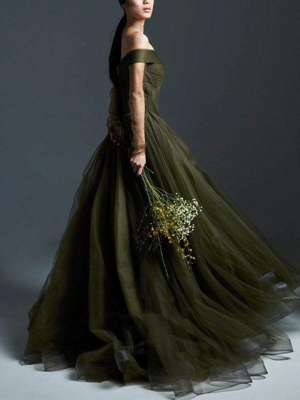 Off-the-shoulder Mesh Solid Color Maxi Dress