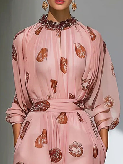 Beaded Ruched Chiffon Crew Neck Long Sleeve A-Line Maxi Dress