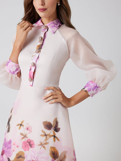 Organza Jewel Button High Low Hem Shirt Dress